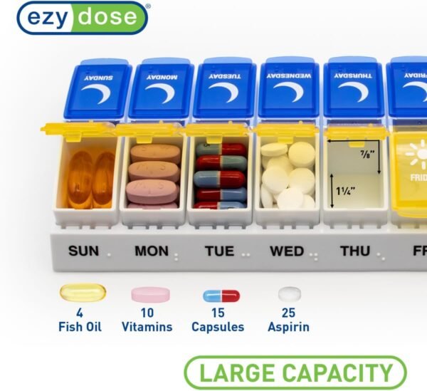 Ezy Dose Weekly (7-Day) AM/PM Pill Organizer, Vitamin and Medicine Box, Large Pop-Out Compartments, Designed for Travel, 2 Times a Day, Blue and Yellow Lids - Image 4