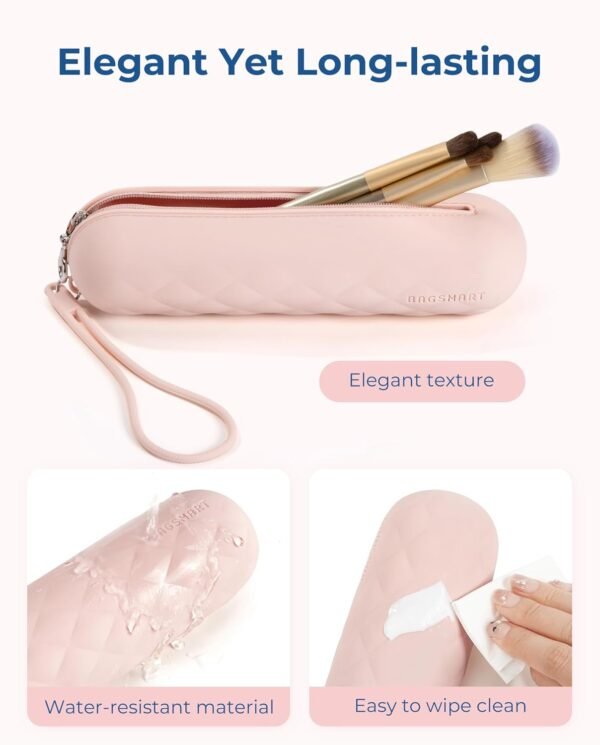 BAGSMART Makeup Brush Holder Bag, Travel Small Makeup Bag for Purse, Make Up Brush Bag Case Cosmetic Bag, Silicone Soft Portable Face Brushes Travel Essentials Organizer Holder, Light Khaki - Image 5