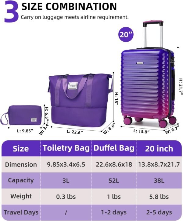 LARVENDER Carry on Luggage 22x14x9 Airline Approved, 20 Inch Hardside Suitcase with Wheels TSA Lock, PC+ABS Lightweight Carry on Suitcases for Women, Midnight Berry (20/DB/TB) - Image 5
