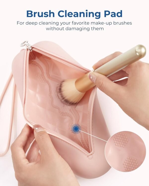 BAGSMART Makeup Brush Holder Bag, Travel Small Makeup Bag for Purse, Make Up Brush Bag Case Cosmetic Bag, Silicone Soft Portable Face Brushes Travel Essentials Organizer Holder, Light Khaki - Image 4