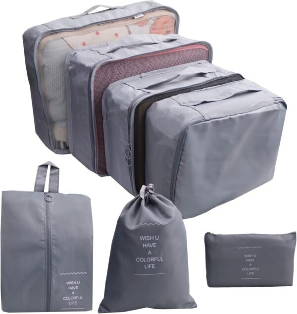 7 PCS Packing Cubes for Carry on Luggage - Travel Luggage Packing Organizers Set, Travel Suitcases Essential Travel Bag, Clothes Packing Cube for Suitcase with Laundry Bag, Shoe Bag - Grey - Image 2