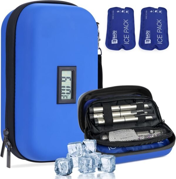 Insulin Cooler Travel Case TSA Approved Refrigerated Medicine Cooler for Travel w/Thermometer Temperature Diabetic Travel Case w/2 Reusable Ice Packs for Daily Life Trip, Blue(Need Battery) - Image 2