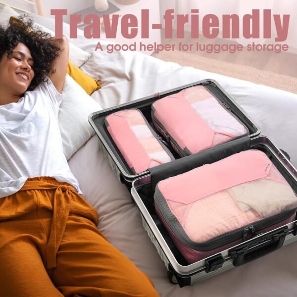4 Set/6 Set Compression Packing Cubes for Travel, Lightweight Luggage Organizer Bags, Sturdy Travel Essentials for Suitcase Organizers, Pink - Image 8