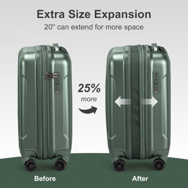 OmySalon Luggage Sets 2 Pieces Airline Approved, 14'' Carry-On Suitcase & 20'' PC+ABS Hardshell Luggage w/ 360° Spinner Silent Wheels, TSA Lock, Expandable Lightweight Suitcase Sets (Dark Green) - Image 5