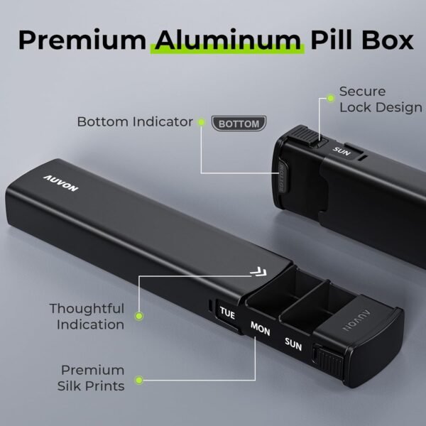 AUVON Metal Weekly Pill Organizer with Slide Design, Stylish Travel Pill Box 7 Day for Privacy Protection, Aluminum Alloy Pill Case with Large Compartment for Supplements, Fish Oil (Black) - Image 3
