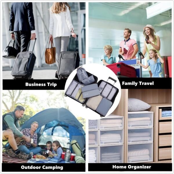 7 PCS Packing Cubes for Carry on Luggage - Travel Luggage Packing Organizers Set, Travel Suitcases Essential Travel Bag, Clothes Packing Cube for Suitcase with Laundry Bag, Shoe Bag - Grey - Image 6