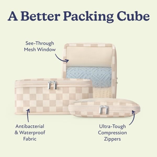 VANDEL Packing Cube Set of 4 with Compression Zipper, Antibacterial Fabric, For Carry on Suitcase Organization 2-Year Warranty (Neutral Checker) - Image 4