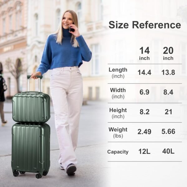 OmySalon Luggage Sets 2 Pieces Airline Approved, 14'' Carry-On Suitcase & 20'' PC+ABS Hardshell Luggage w/ 360° Spinner Silent Wheels, TSA Lock, Expandable Lightweight Suitcase Sets (Dark Green) - Image 9
