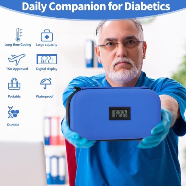 Insulin Cooler Travel Case TSA Approved Refrigerated Medicine Cooler for Travel w/Thermometer Temperature Diabetic Travel Case w/2 Reusable Ice Packs for Daily Life Trip, Blue(Need Battery) - Image 9