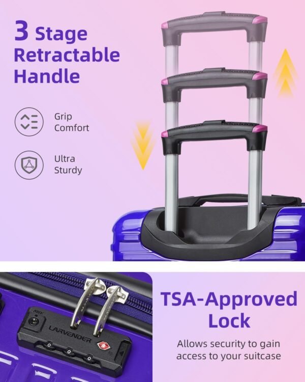 LARVENDER Carry on Luggage 22x14x9 Airline Approved, 20 Inch Hardside Suitcase with Wheels TSA Lock, PC+ABS Lightweight Carry on Suitcases for Women, Midnight Berry (20/DB/TB) - Image 3