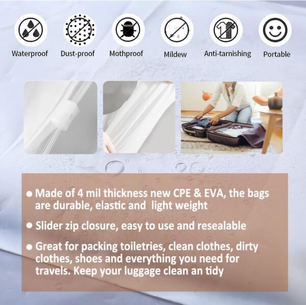 (20 pcs Value Pack) Travel Luggage Organizer Bags, Assorted Sizes, 4Mil Resealable Slider Zip Plastic Clothing Packaging, Frosted Travel/Home Storage and organizing Pouches, Space Saver Bag - Image 4