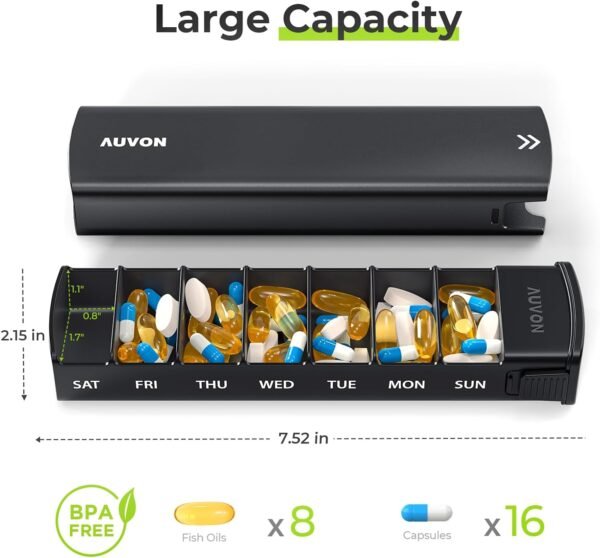 AUVON Metal Weekly Pill Organizer with Slide Design, Stylish Travel Pill Box 7 Day for Privacy Protection, Aluminum Alloy Pill Case with Large Compartment for Supplements, Fish Oil (Black) - Image 4