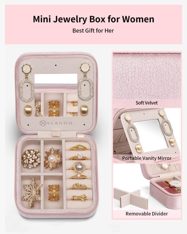 Vlando Velvet Travel Jewelry Case, Jewelry Travel Box for Women, Travel Jewelry Organizer, Small, Portable Jewelry Boxes with Mirror - Pink - Image 4