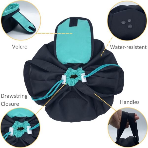 Large Barrel Drawstring Makeup Bag Travel Cosmetic Bag for Women - Portable Make Up Organizer Bag for Skin Care & Toiletries with Brush Holder & Pouch (Black) - Image 5