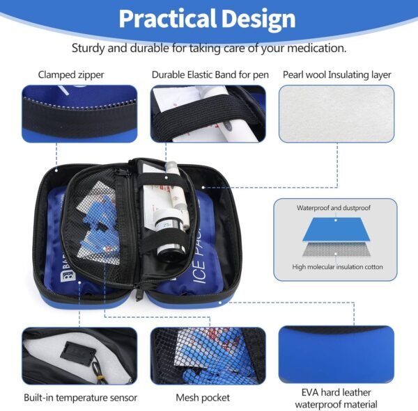 Insulin Cooler Travel Case TSA Approved Refrigerated Medicine Cooler for Travel w/Thermometer Temperature Diabetic Travel Case w/2 Reusable Ice Packs for Daily Life Trip, Blue(Need Battery) - Image 4