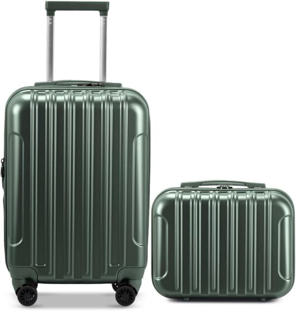 OmySalon Luggage Sets 2 Pieces Airline Approved, 14'' Carry-On Suitcase & 20'' PC+ABS Hardshell Luggage w/ 360° Spinner Silent Wheels, TSA Lock, Expandable Lightweight Suitcase Sets (Dark Green) - Image 2