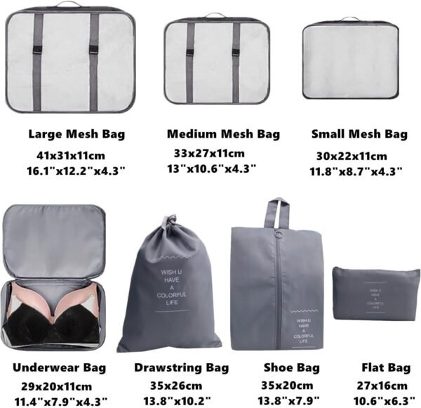 7 PCS Packing Cubes for Carry on Luggage - Travel Luggage Packing Organizers Set, Travel Suitcases Essential Travel Bag, Clothes Packing Cube for Suitcase with Laundry Bag, Shoe Bag - Grey - Image 4