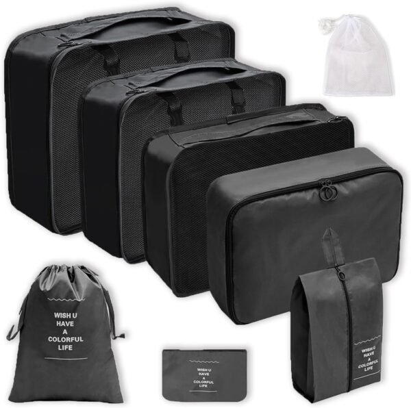 8 Set Travel Packing Organizers Luggage Cubes Organizer Cube Bag Set Suitcase Carry Bags Storage Organizers Suitcases (Black) - Image 2