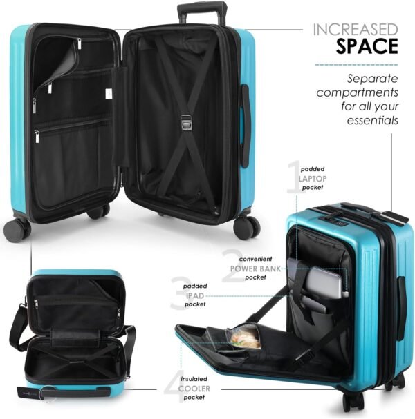 22 Inch Carry On Luggage 22x14x9 Airline Approved, Carry On Suitcase with Wheels, Hard-shell Carry-on Luggage, Durable Luggage Carry On, Teal Small Suitcase with Cosmetic Carry On Bag - Image 5