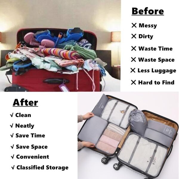 7 PCS Packing Cubes for Carry on Luggage - Travel Luggage Packing Organizers Set, Travel Suitcases Essential Travel Bag, Clothes Packing Cube for Suitcase with Laundry Bag, Shoe Bag - Grey - Image 5