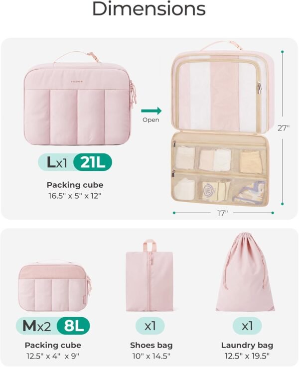 BAGSMART Packing Cubes for Travel Women, Large Capacity Hanging Packing Cubes for Suitcases, Quilted Travel Essentials for Women, Light Pink - Image 4