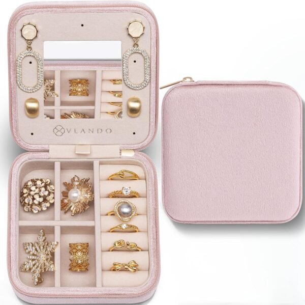 Vlando Velvet Travel Jewelry Case, Jewelry Travel Box for Women, Travel Jewelry Organizer, Small, Portable Jewelry Boxes with Mirror - Pink - Image 2