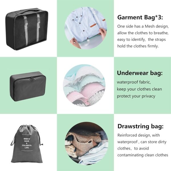 8 Set Travel Packing Organizers Luggage Cubes Organizer Cube Bag Set Suitcase Carry Bags Storage Organizers Suitcases (Black) - Image 4