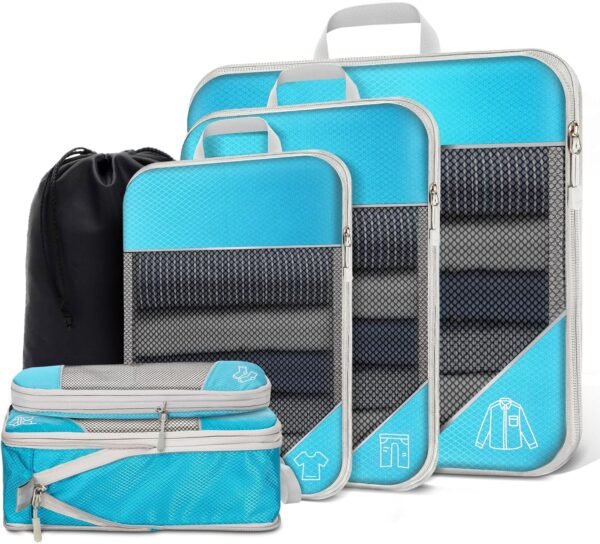 Compression Packing Cubes,Travel Suitcases Organizer Bags Set 6 Piece Blue Lightweight Space Saving - Image 2