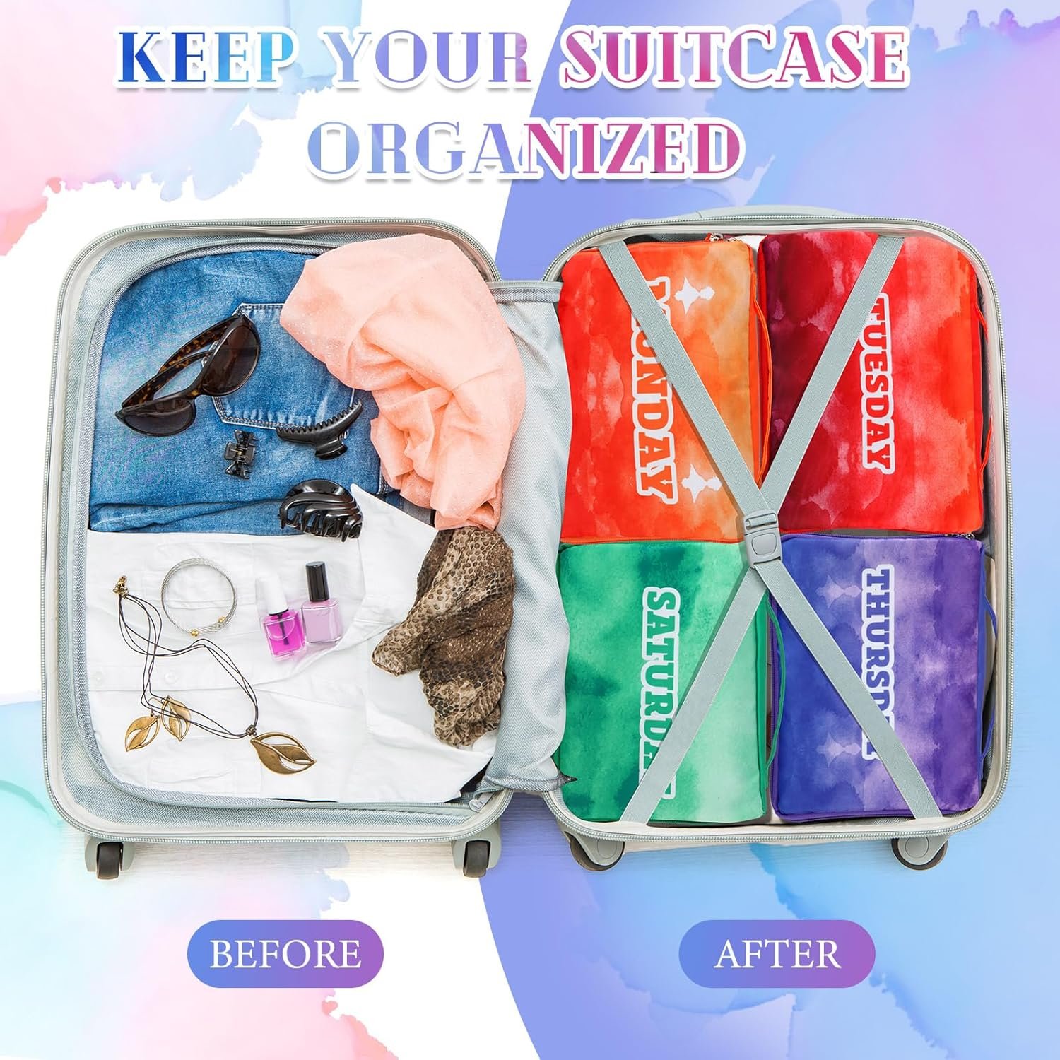 Paterr 14 Pcs Packing Cubes for Travel Kids Days of Week Compression Packing Cubes Colorful Luggage Organizers Suitcase Camp - Image 6