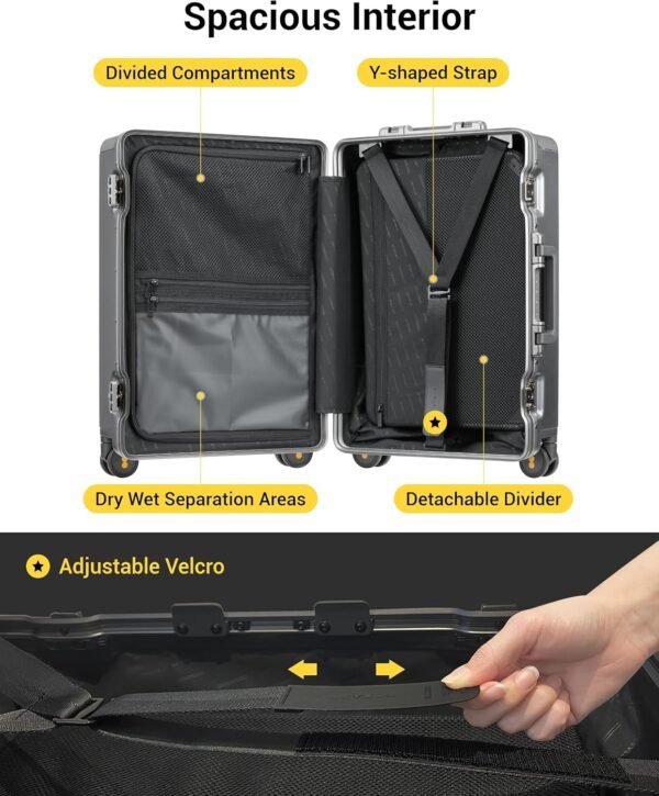 LEVEL8 Zipperless Carry On Luggage Airline Approved with Aluminum Frame, Lightweight Hard Shell Suitcase with Spinner Wheels, Metal Checked Luggage with Double Tsa Locks, 20 Inch, Grey - Image 7
