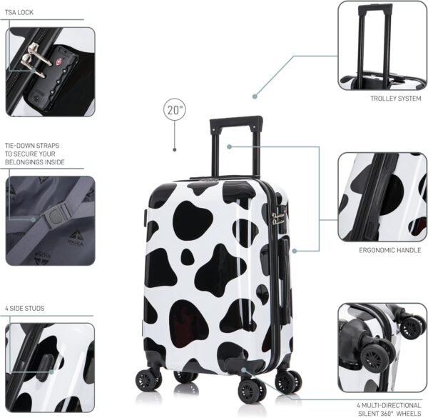 InUSA Cow Print Luggage with Spinner Wheels | Durable Lightweight Hardside Suitcase | Travel Bag with Handle and Trolley | 20-Inch Carry On Small Luggage - Image 4