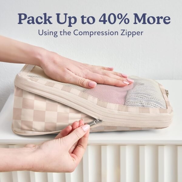 VANDEL Packing Cube Set of 4 with Compression Zipper, Antibacterial Fabric, For Carry on Suitcase Organization 2-Year Warranty (Neutral Checker) - Image 3