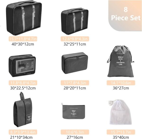 8 Set Travel Packing Organizers Luggage Cubes Organizer Cube Bag Set Suitcase Carry Bags Storage Organizers Suitcases (Black) - Image 3