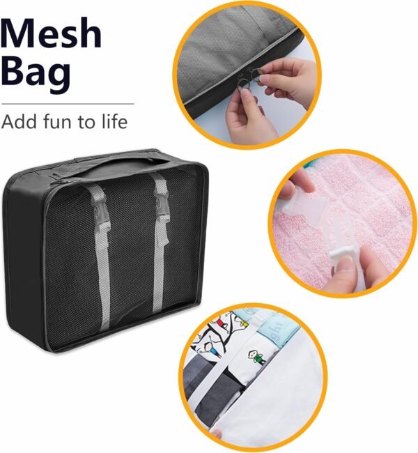 8 Set Travel Packing Organizers Luggage Cubes Organizer Cube Bag Set Suitcase Carry Bags Storage Organizers Suitcases (Black) - Image 7
