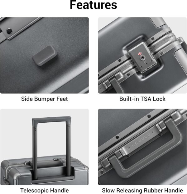 LEVEL8 Zipperless Carry On Luggage Airline Approved with Aluminum Frame, Lightweight Hard Shell Suitcase with Spinner Wheels, Metal Checked Luggage with Double Tsa Locks, 20 Inch, Grey - Image 8