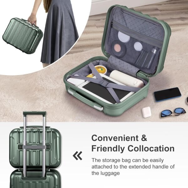 OmySalon Luggage Sets 2 Pieces Airline Approved, 14'' Carry-On Suitcase & 20'' PC+ABS Hardshell Luggage w/ 360° Spinner Silent Wheels, TSA Lock, Expandable Lightweight Suitcase Sets (Dark Green) - Image 6