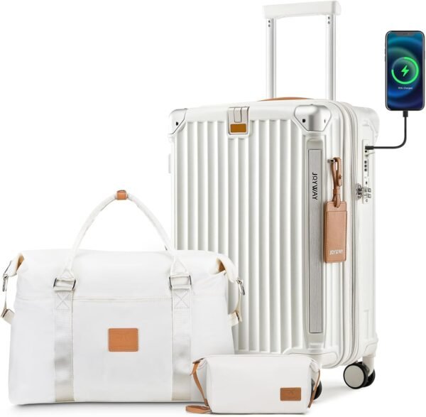 Joyway 20in Carry On Luggage with Cup Holder and USB Port, 25% Expandable Capacity, Smart Suitcase with Anti Slip Wheels and Handbag, Perfect for Men and Women 3 Piece Set White - Image 2