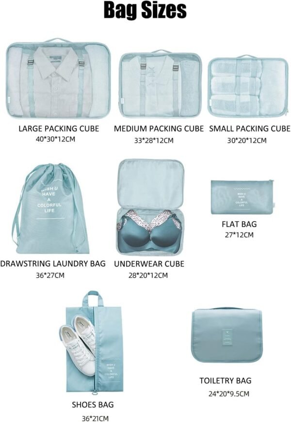 8 Pcs Packing Cubes for Travel, Travel Cubes for Suitcases Lightweight Luggage Organizers Travel Essential Bag with Toiletries Bag for Clothes Shoes Cosmetics Toiletries - Image 5