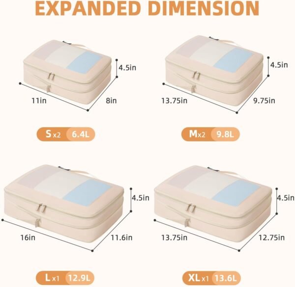 BAGAIL 4 Set/6 Set/8 Set Compression Packing Cubes Travel Accessories Expandable Packing Organizers(Beige SquareMesh 6 Set) - Image 3