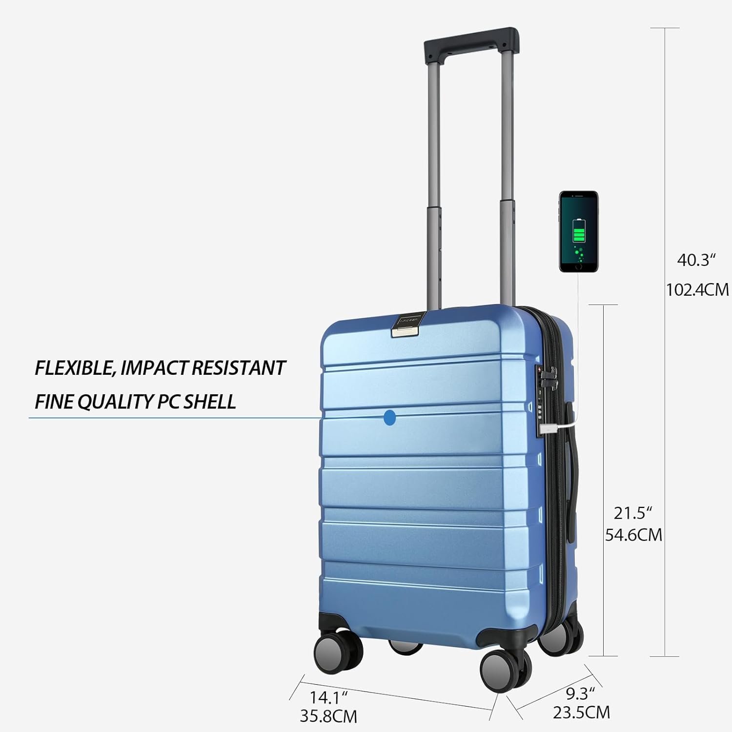 KROSER Hardside Expandable Carry On Luggage with Spinner Wheels & Built-in TSA Lock, Durable Suitcase Rolling Luggage with USB Port, Carry-On 20-Inch, Light Blue - Image 3