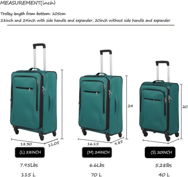 3pcs Set Softside Luggage Sets With Spinner Wheels, Expandable Softshell Suitcase Set, 28inch, 24inch, 20inch luggage with front pocket, Lightweight fabric luggage(GREEN) - Image 5