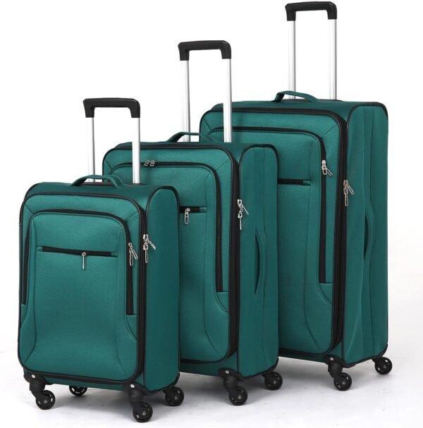 3pcs Set Softside Luggage Sets With Spinner Wheels, Expandable Softshell Suitcase Set, 28inch, 24inch, 20inch luggage with front pocket, Lightweight fabric luggage(GREEN) - Image 2