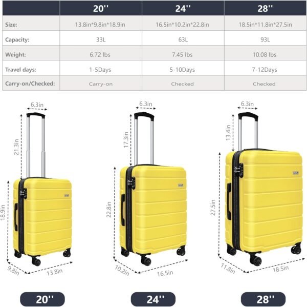 Luggage Light weight Luggage Hardside Expandable Luggage Spinner Wheels Luggage Suitcase W/TSA Lock 3-Piece Luggage Set,Include 20”Carry on Luggage Suitecase(20/24/28), Signal Yellow - Image 3