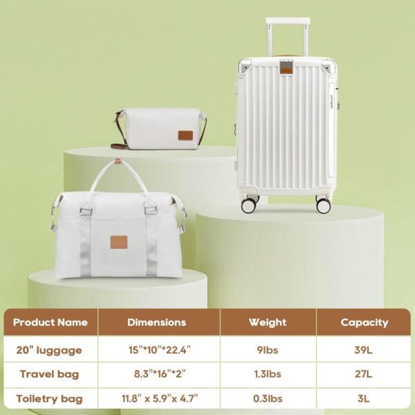 Joyway 20in Carry On Luggage with Cup Holder and USB Port, 25% Expandable Capacity, Smart Suitcase with Anti Slip Wheels and Handbag, Perfect for Men and Women 3 Piece Set White - Image 6