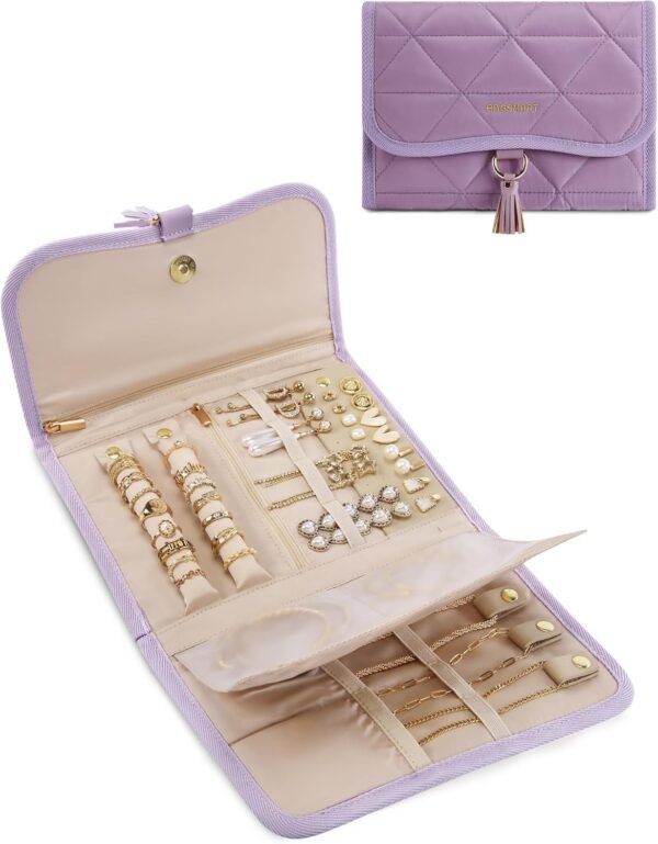 BAGSMART Travel Jewelry Case Organizer, Roll Foldable Jewelry Case for Journey-Rings, Necklaces, Earrings, Bracelets, Brooches, Portable Travel Essentials, Purple - Image 2