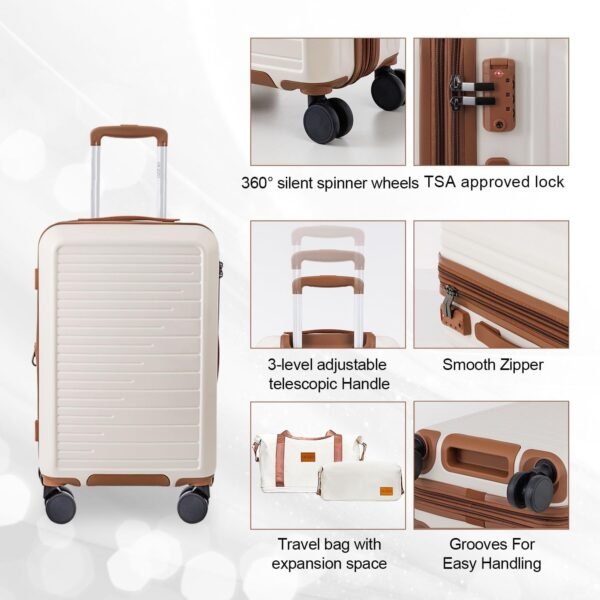 OUZZO PC Luggage Set 3 Piece,Travel Carry-on Luggage,TSA Approved Lock,Rolling Expandable Carry On Luggage For Plane, 22x14x9 Airline Approved,Hardshell Luggage,20-Inch Suitcases with Wheels,White - Image 5