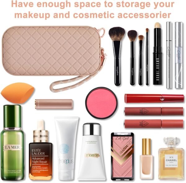 Portable Travel Makeup Bag,Soft Silicone Waterproof Toiletry Cosmetic Bag for Women,Upgrade Anti-Fall Out Zipper Closure Organizer Makeup Case -(Khaki) - Image 6