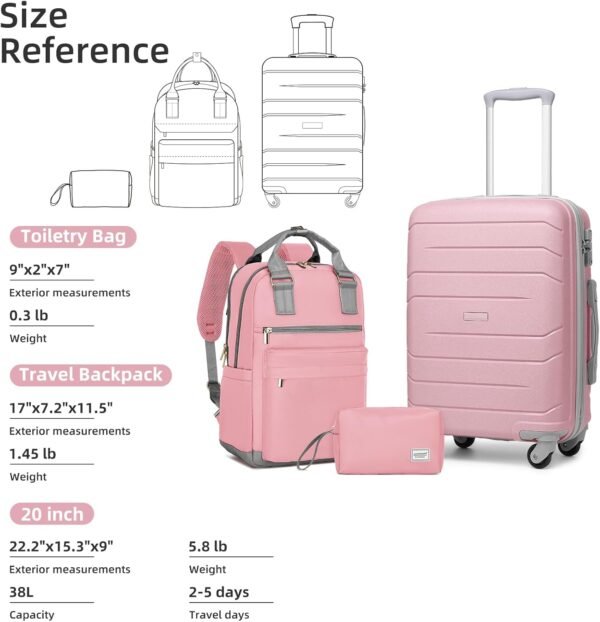 LARVENDER 3-Piece Carry On Luggage for Women,Hard Shell Suitcase 20Inch Carry On Luggage 22x14x9 Airline Approved, Spinner Wheel and TSA Lock（Pink 20Inch/BP/TB） - Image 6
