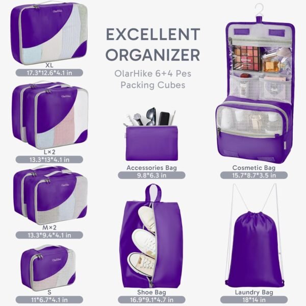 ALL INCLUDED 10 Set Durable Packing Cubes for Suitcases,OlarHike Essentials for Travel, UPGRADED Anti-Tear Stitching, NEW Improved Luggage Packing Organizers for Travel Accessories (Purple) - Image 3