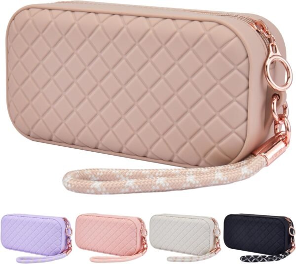 Portable Travel Makeup Bag,Soft Silicone Waterproof Toiletry Cosmetic Bag for Women,Upgrade Anti-Fall Out Zipper Closure Organizer Makeup Case -(Khaki) - Image 2